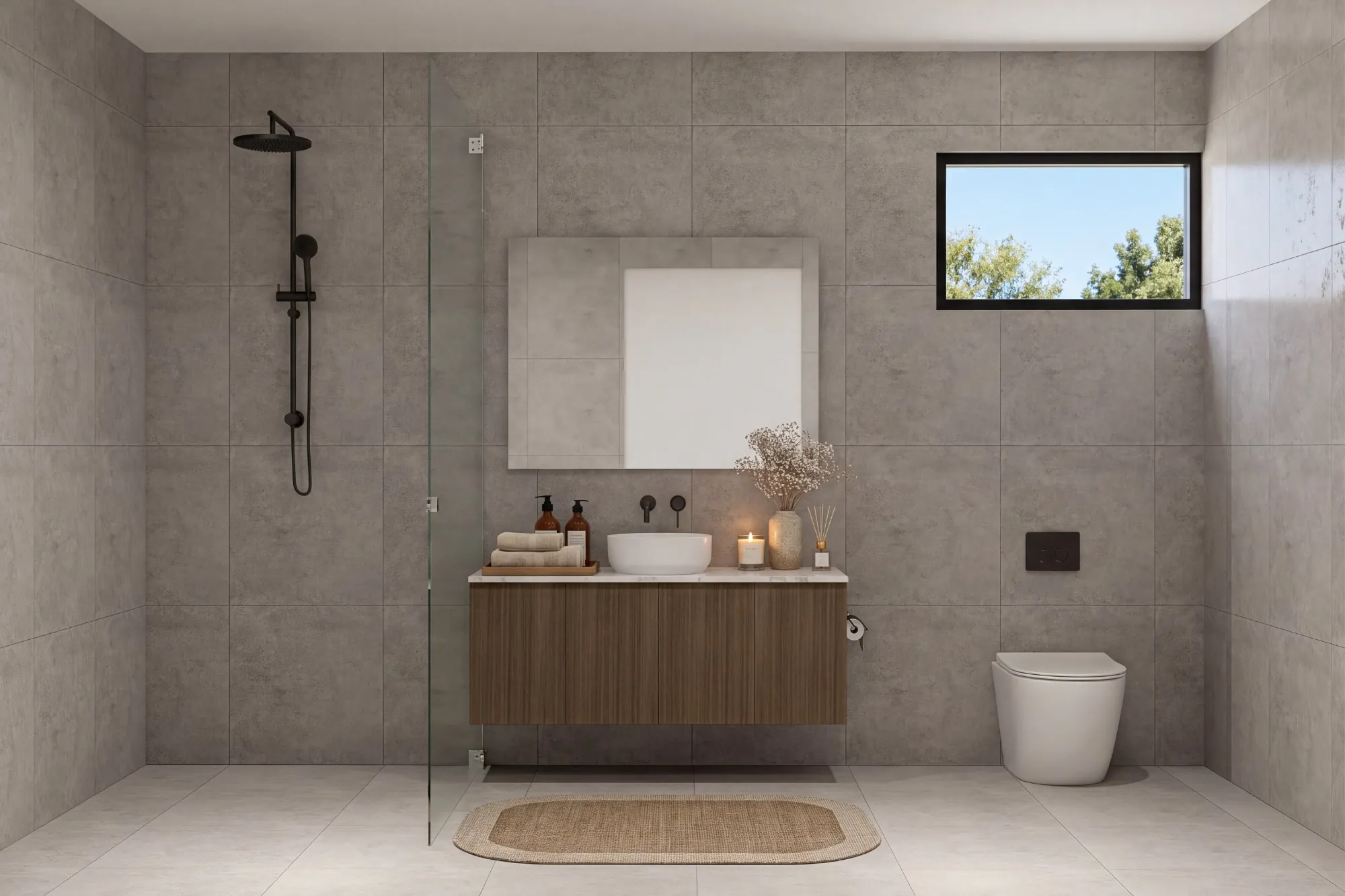 Bathroom with walnut vanity and matte black tapware