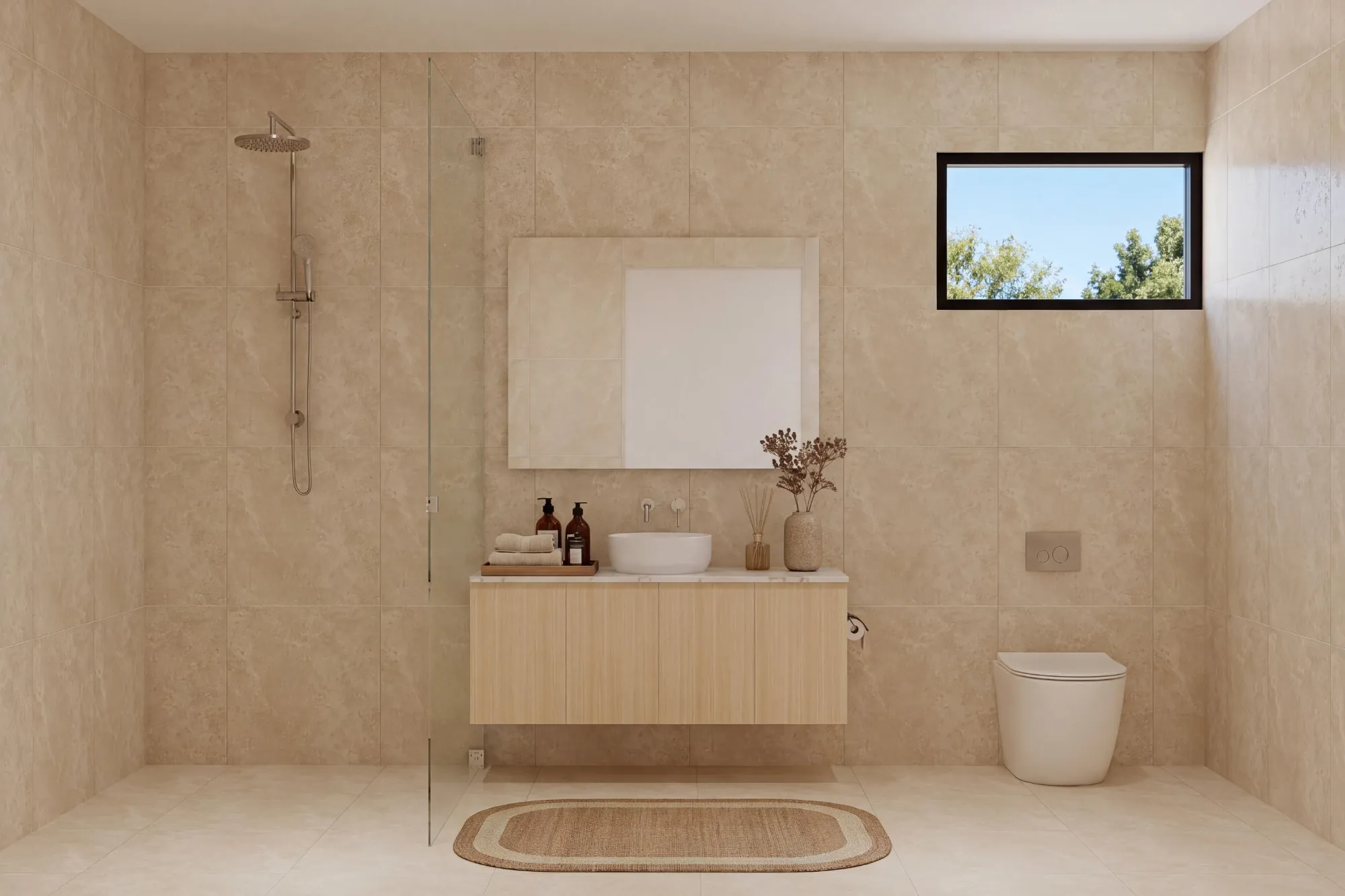 Bathroom with oak vanity and frameless shower
