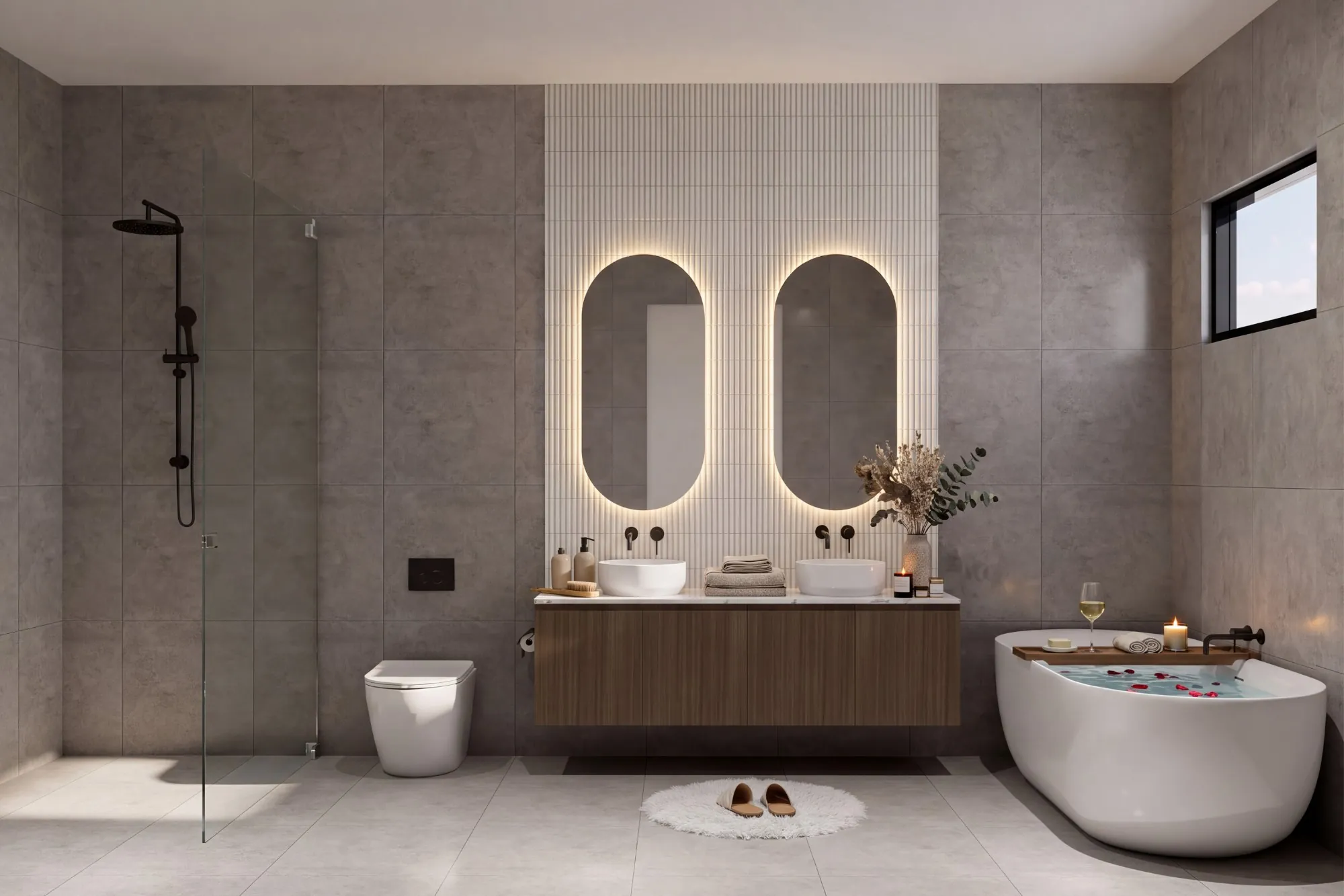 Charcoal ensuite with double vanity and freestanding bath