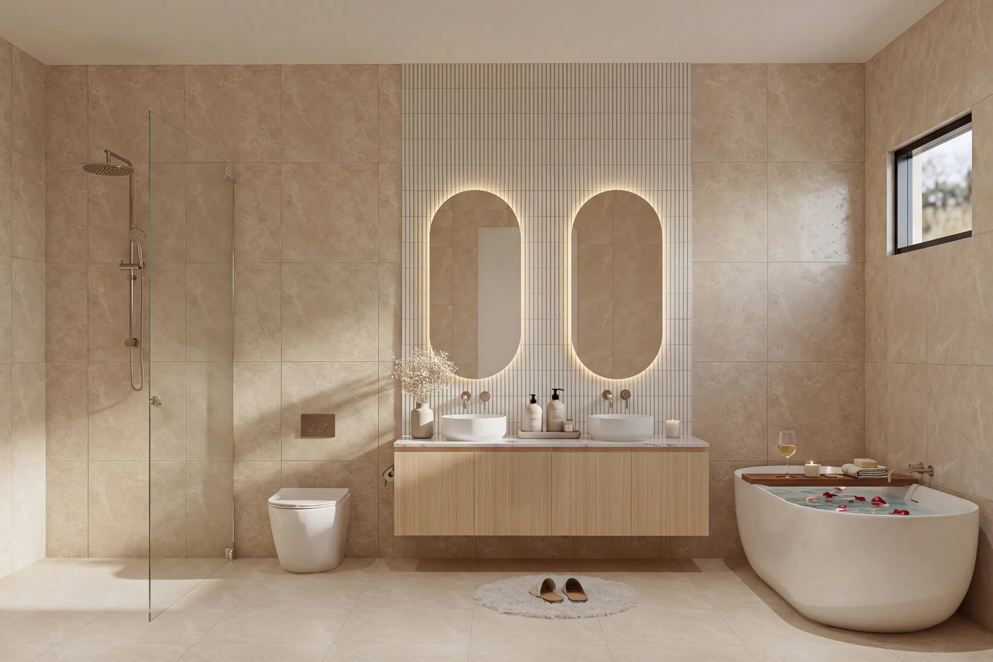 Ensuite with double vanity and freestanding bath
