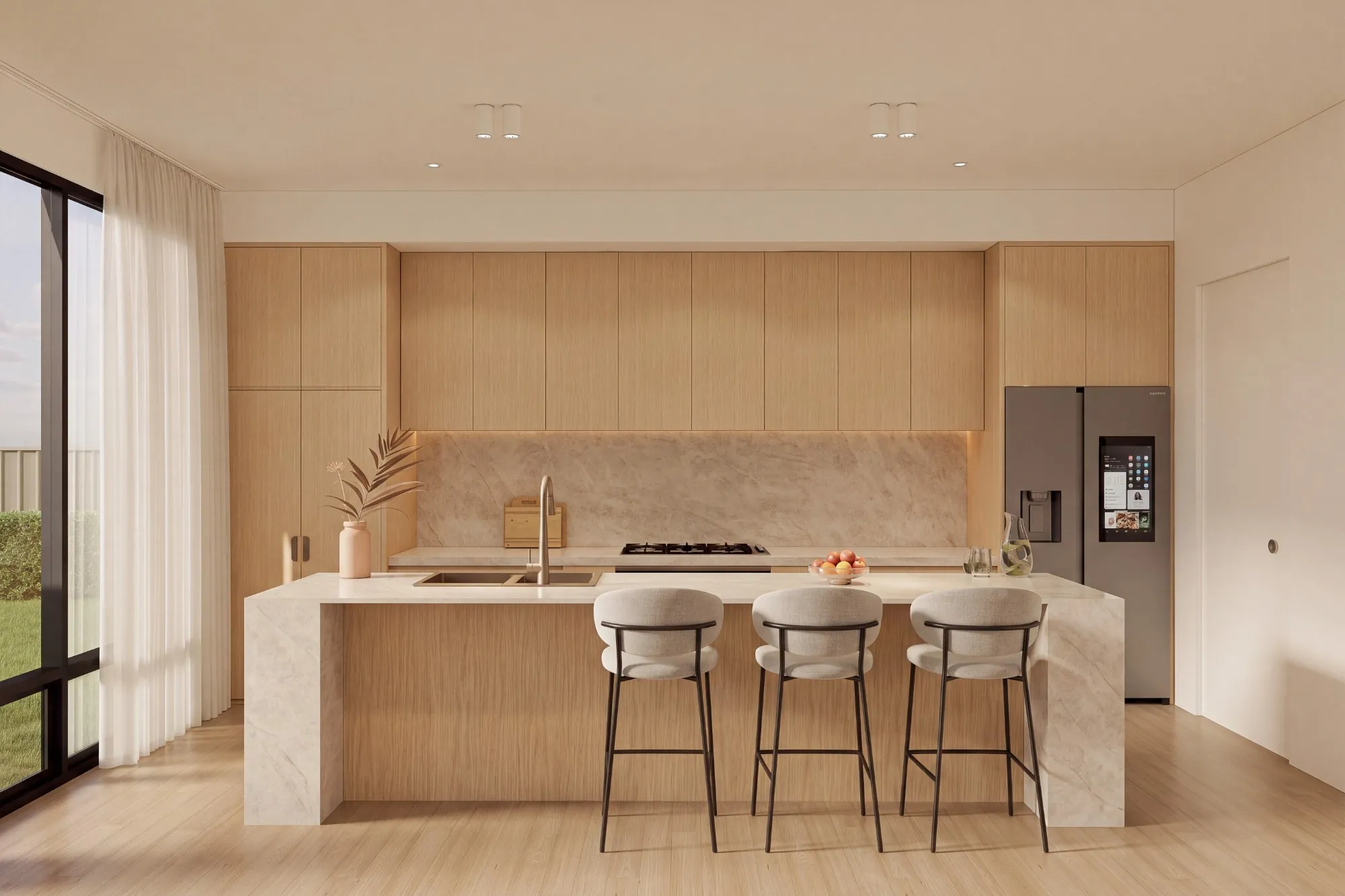 Light oak kitchen with stone island bench