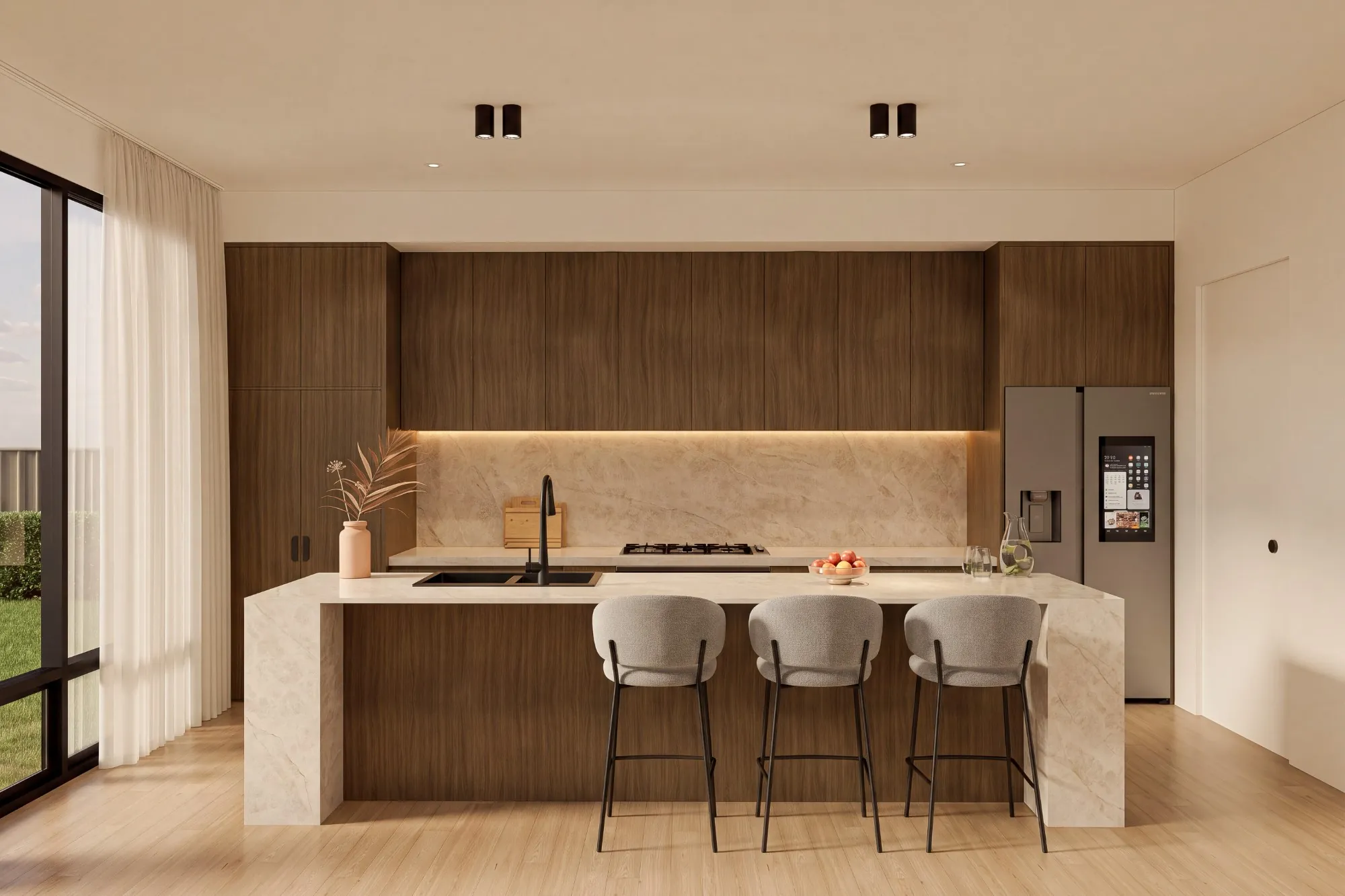 Walnut kitchen with waterfall stone island