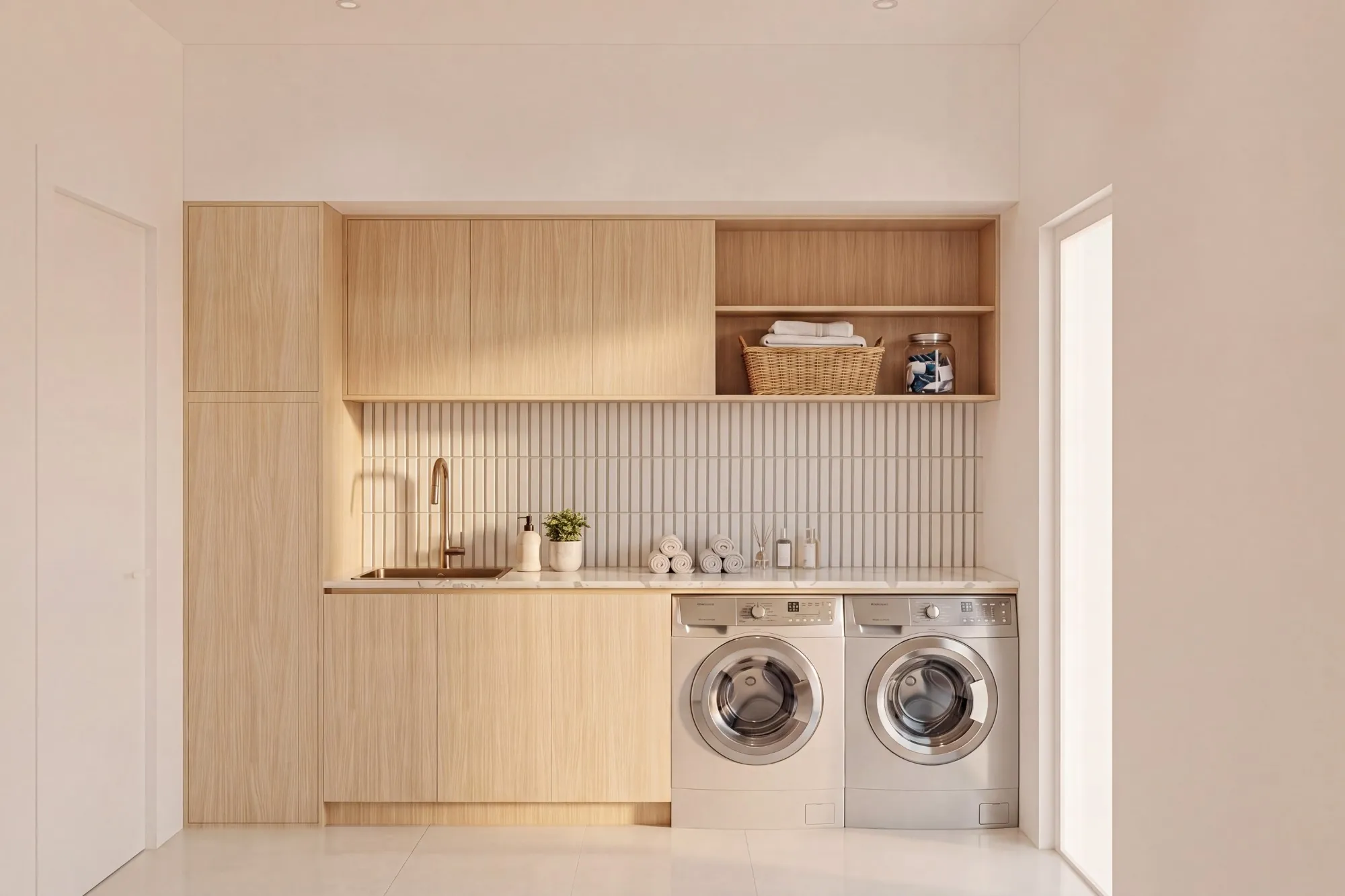 Dedicated laundry with oak joinery and finger-tile splashback