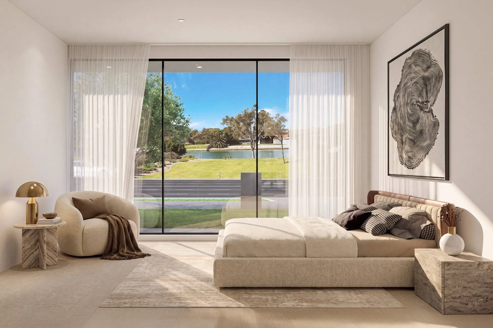 Master bedroom with full-height glazing looking out to parkland and water