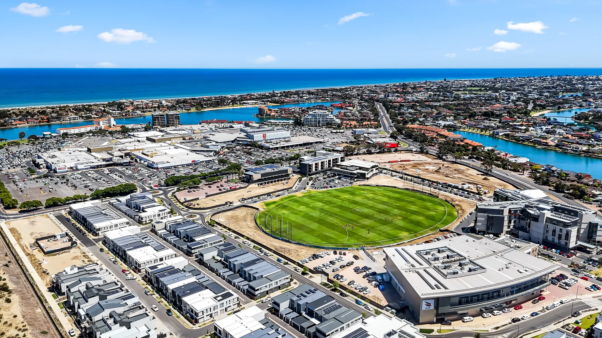 Aerial view of Westfield West Lakes towards the coast