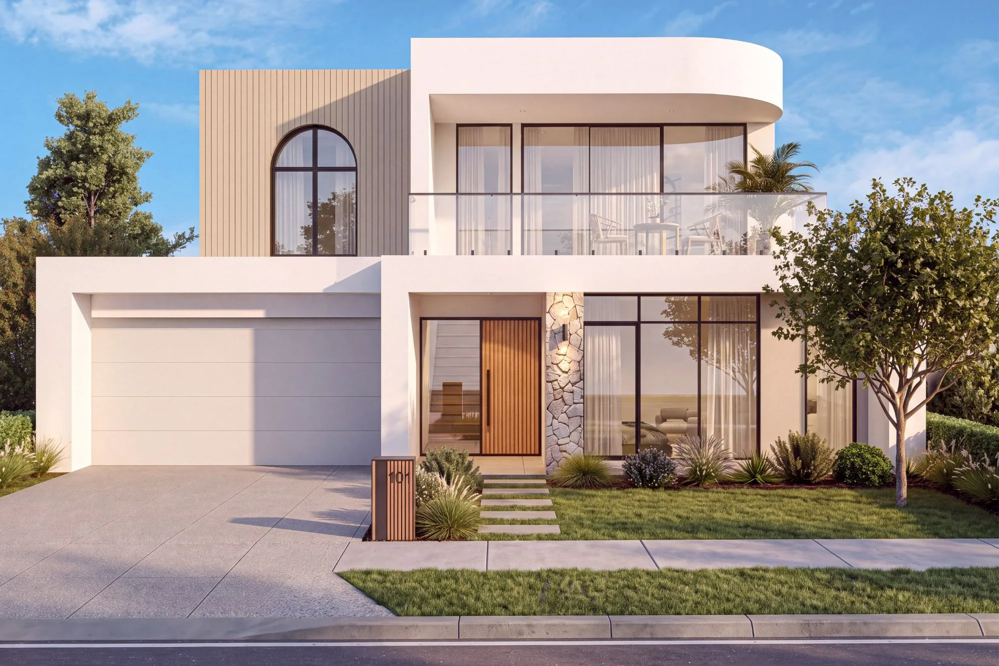 Residence 101, arched upper window and timber entry door
