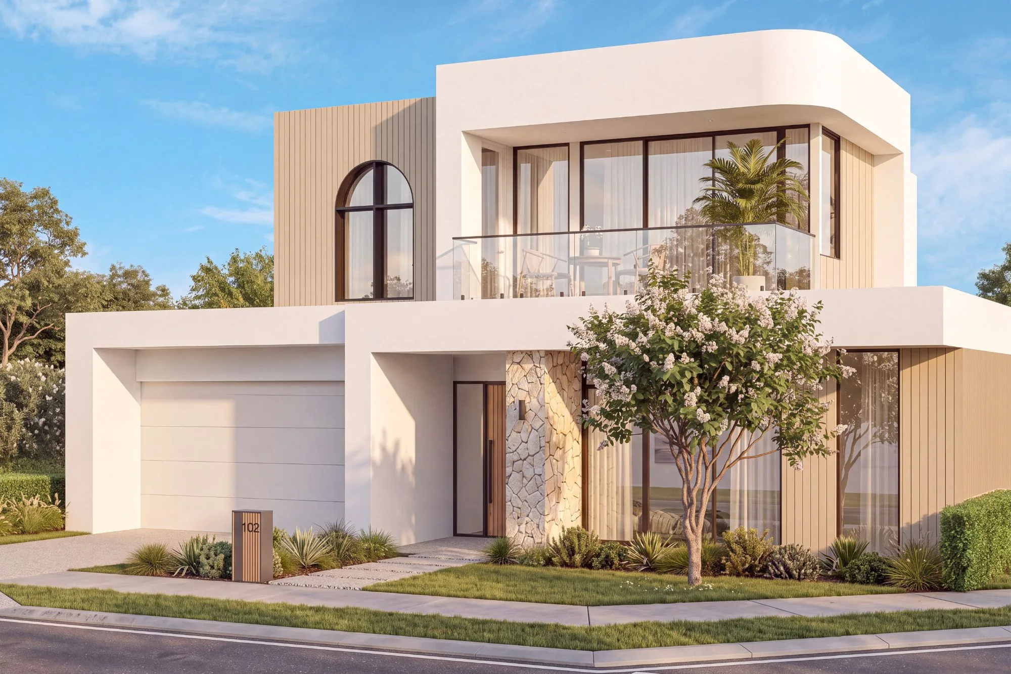 Corner residence 102 with curved upper level and glass balcony